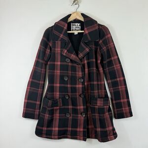 Billabong Womens Small Black Red Plaid Fleece Lined Punk Grunge Peacoat Jacket‎
